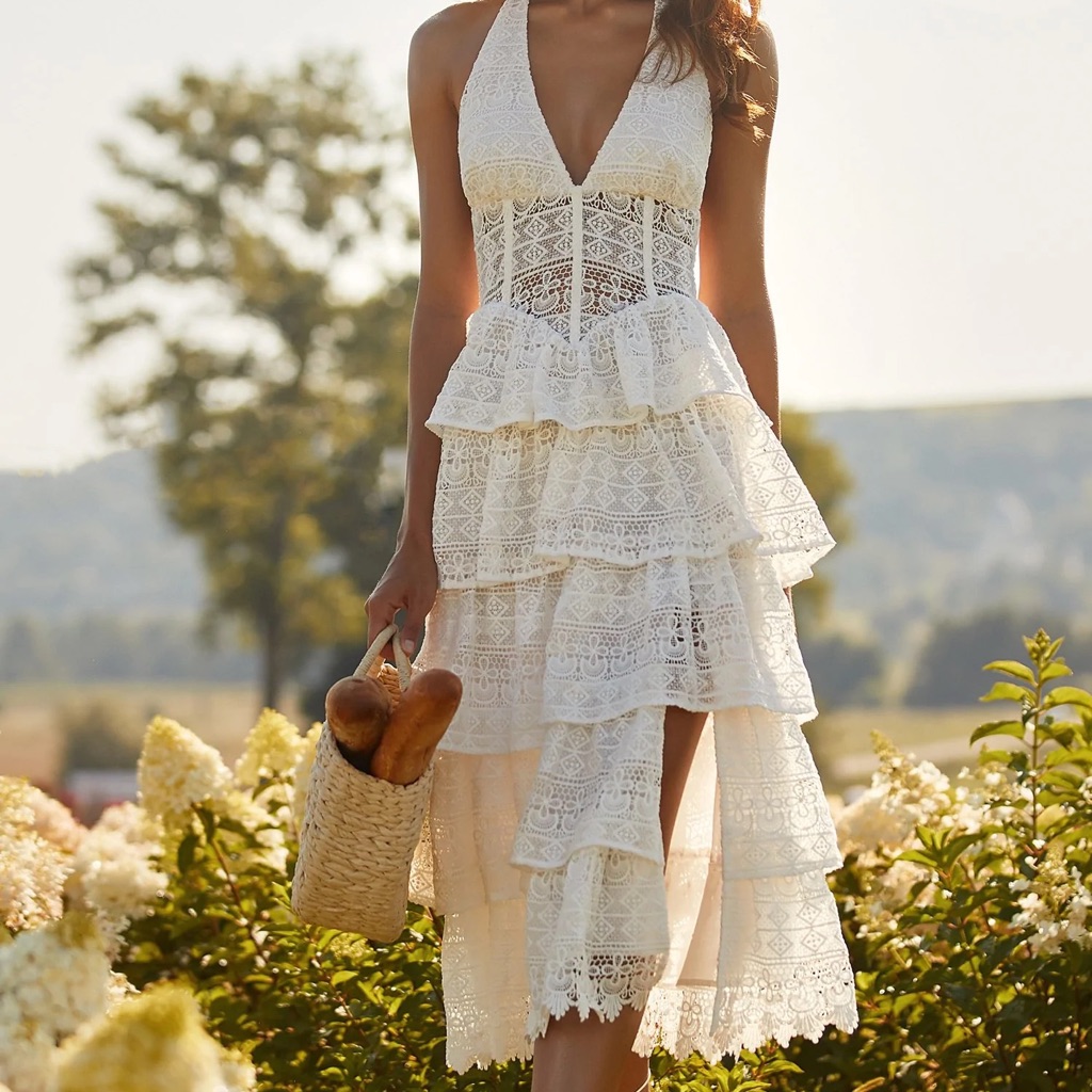 Alamour The Label Ivory Lace Tiered Midi Dress